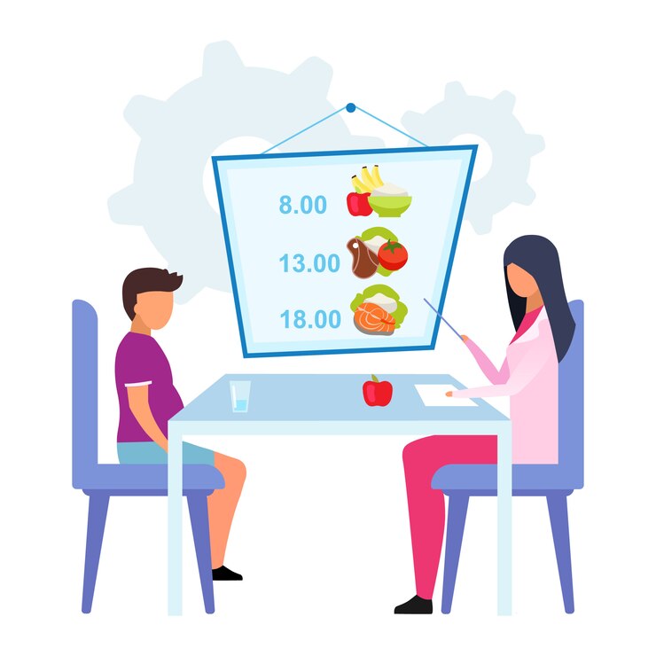 Vector planificación de comidas para niños ilustración plana. doctora, nutricionista que explica el horario de consumo de alimentos saludables aislado personaje de dibujos animados sobre fondo blanco. dietista ayudando a un niño obeso