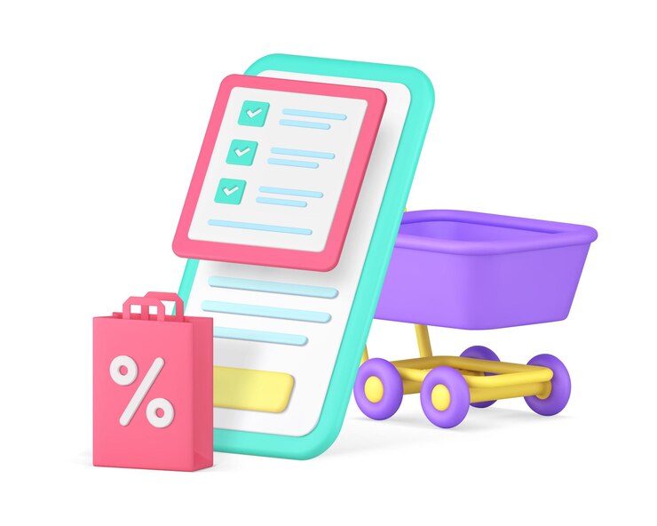 Vector planificación de compras en línea compra con lista de comprobación venta aplicación para teléfono inteligente icono 3d vector realista