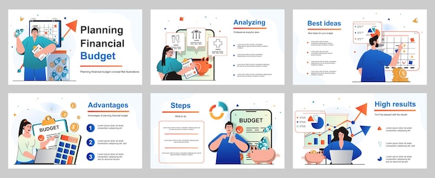 Planificación del concepto de presupuesto financiero para la plantilla de diapositiva de presentación la gente hace análisis contable