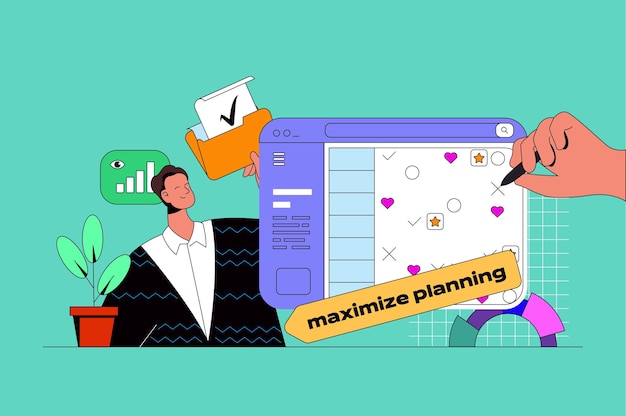 Planificación de concepto web con escena de personaje El hombre planea reuniones y eventos en el calendario programa tareas y plazos de trabajo Situación de las personas en diseño plano Ilustración vectorial para material de marketing