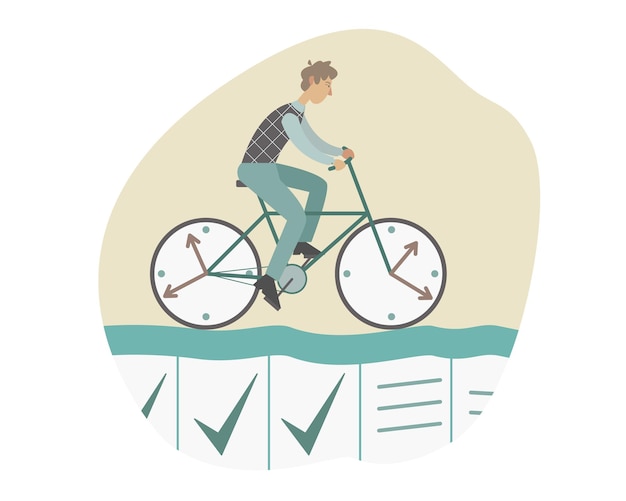 Planificación eficaz del tiempo. Concepto de gestión del tiempo. Hombre de negocios con maletín monta bicicleta de tiempo de horario. Ilustración de estilo plano vectorial sobre fondo blanco