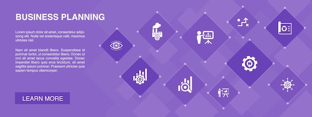 Planificación empresarial banner 10 iconos concept.management, proyecto, investigación, estrategia iconos simples