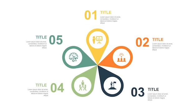 Planificación empresarial Idea colaborativa Liderazgo Creación de equipos Iconos de productividad Plantilla de diseño de diseño infográfico Concepto de presentación creativa con 5 pasos