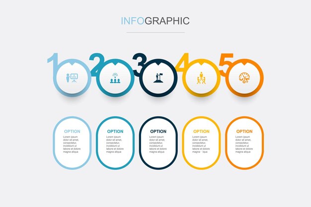 Planificación empresarial Idea colaborativa Liderazgo Formación de equipos Iconos de productividad Plantilla de diseño infográfico Concepto creativo con 5 pasos