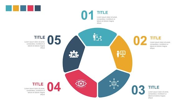 Planificación de estrategia empresarial modelo de negocio iconos de desarrollo de visión Plantilla de diseño de diseño infográfico Concepto de presentación creativa con 5 pasos