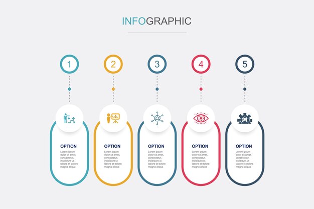 Planificación de estrategia empresarial modelo de negocio iconos de desarrollo de visión Plantilla de diseño infográfico Concepto creativo con 5 pasos