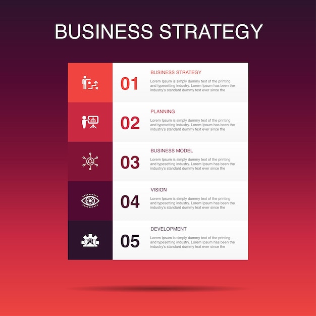 Planificación de estrategia empresarial modelo de negocio iconos de desarrollo de visión Plantilla de diseño infográfico Concepto creativo con 5 pasos