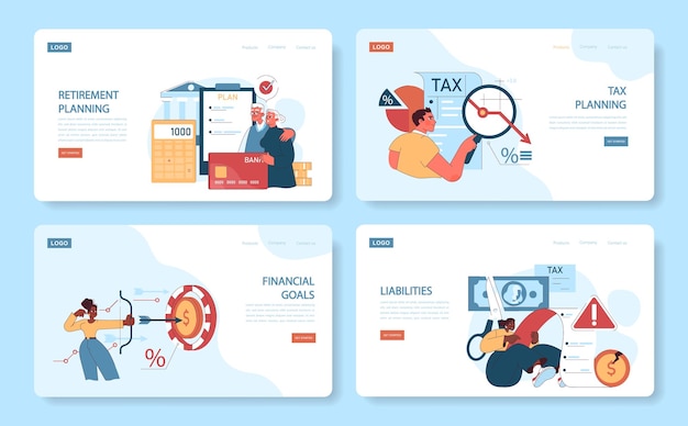 Planificación financiera web o conjunto de aterrizaje guía visual perspicaz para la planificación financiera de impuestos de jubilación