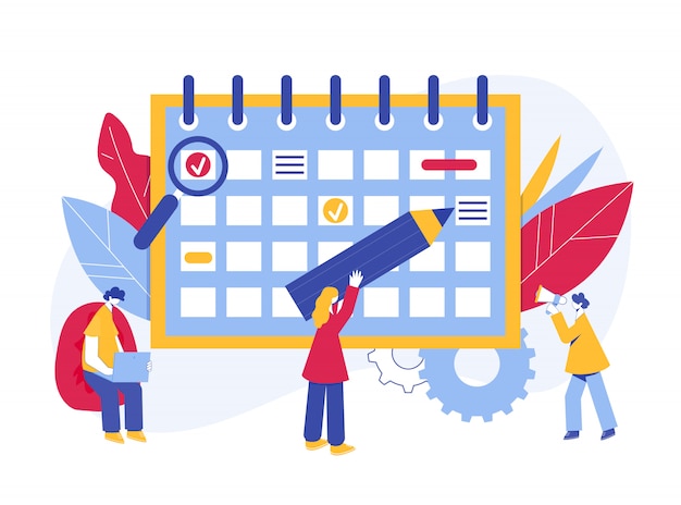 Planificación del flujo de trabajo en equipo. Personas con un gran planificador. ilustración.