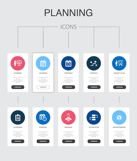 Planificación de infografía 10 pasos diseño de interfaz de usuario calendario, horario, horario, plan de acción iconos simples