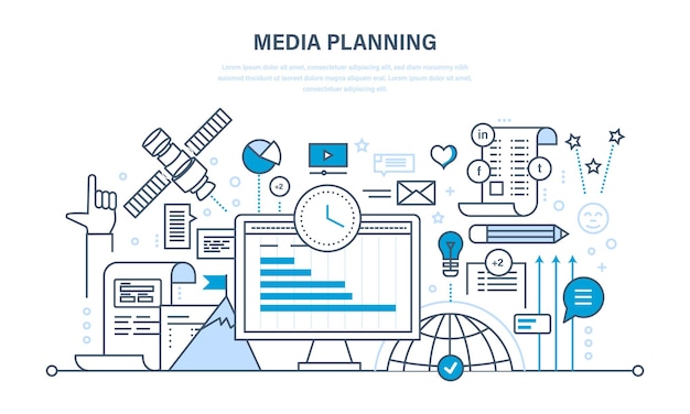 Vector planificación de medios promoción de publicidad de marketing digital en investigación de redes sociales diseño de línea delgada