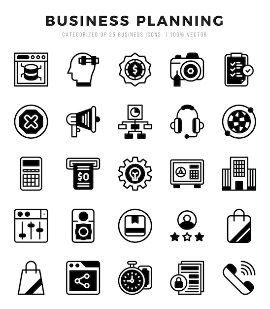 Planificación de negocios Colección de íconos lineales llenos Paquete de ícones lineales llenados Ilustración vectorial