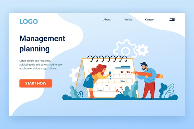 Planificación de la página de destino gestión del tiempo y concepto de organización del flujo de trabajo con gente de negocios de dibujos animados y calendario aplicación móvil o web diseño de interfaz de sitio web vectorial con botones y texto