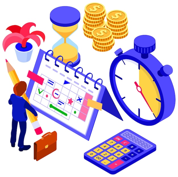 Planificación, planificación, gestión del tiempo, empresario, planificación, trabajo, desde casa, con, cronómetro