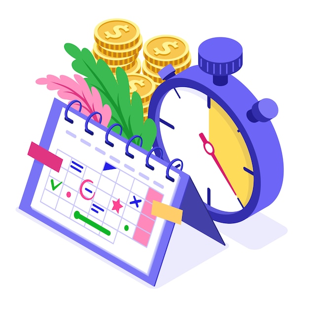 Planificación de la planificación de la gestión del tiempo de planificación de la educación desde el hogar con el cronómetro selecciona los objetivos en el calendario de la fecha límite de tiempo del calendario isométrico infografía negocio aislado