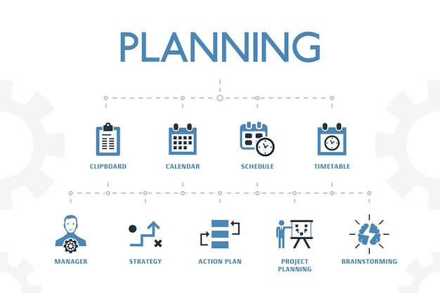 Vector planificación de plantilla de concepto moderno con iconos simples de 2 colores. contiene iconos como calendario, horario, horario, plan de acción y más