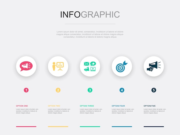 Planificación de promoción social iconos de promoción de destino de canal publicitario plantilla de diseño infográfico concepto creativo con 5 pasos