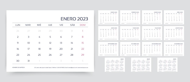 Planificador de 2023 años plantilla de calendario español ilustración vectorial la semana comienza el lunes