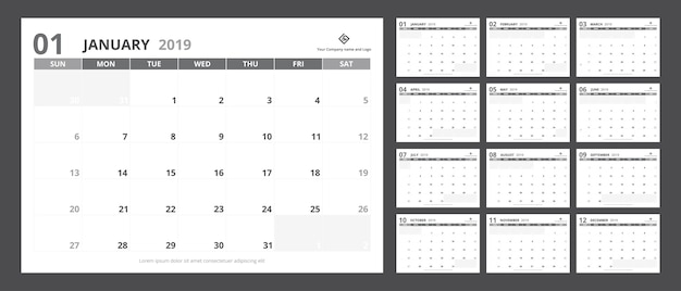 Vector el planificador de calendario 2019 establecido para el diseño de la plantilla comienza la semana del domingo.