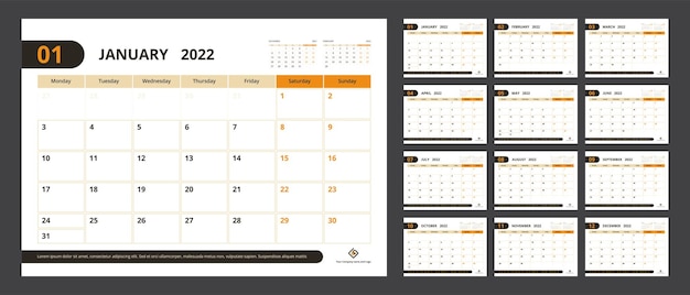 Vector planificador de calendario 2022 establecido para la semana de diseño corporativo de plantillas que comienza el lunes.