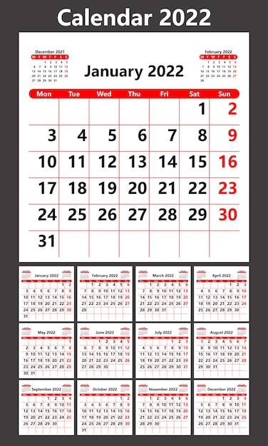 Planificador de calendario para 2022 La semana comienza el lunes Ilustración vectorial