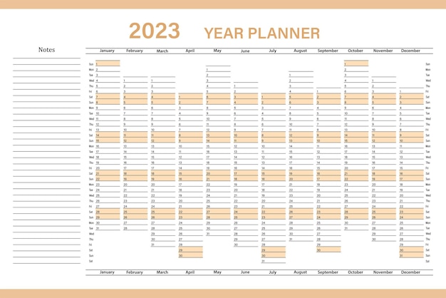 Planificador de calendario para 2023. Plantilla vectorial