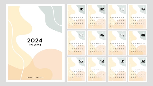 Planificador de calendario 2024 Estilo minimalista Moderno calendario minimalista Diseño de planificador 2024 para imprimir conjunto de plantillas de 12 páginas Ilustración vectorial de escritorio