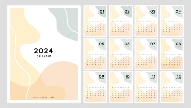 Vector planificador de calendario 2024 estilo minimalista moderno calendario minimalista diseño de planificador 2024 para imprimir conjunto de plantillas de 12 páginas ilustración vectorial de escritorio