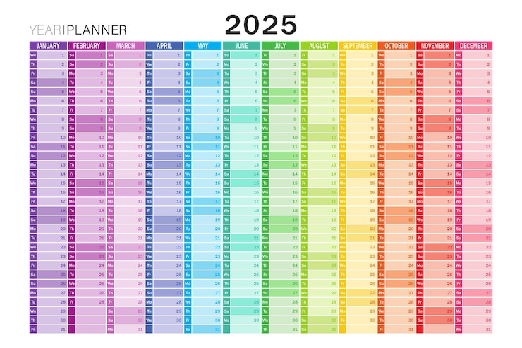Vector planificador de calendario para 2025 calendario de pared colorido en inglés plantilla vectorial