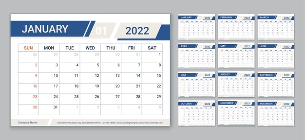 Planificador, calendario año 2022. Plantilla de calendario. La semana comienza el domingo. Organizador anual.