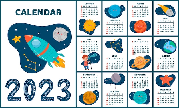 Planificador de calendario espacial 2023 programación semanal planetas objetos espaciales la semana comienza el domingo fondo blanco