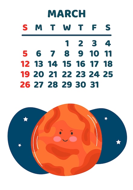 Planificador de calendario espacial de marzo programación semanal planetas objetos espaciales la semana comienza el domingo blanco bac