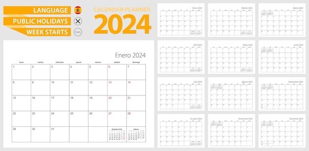 Vector planificador del calendario español para 2024 la semana en español comienza el lunes