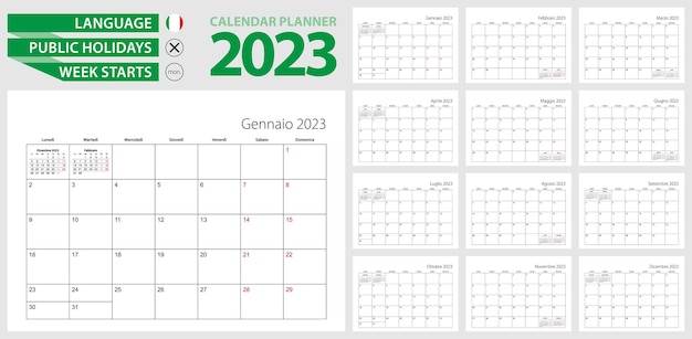 Planificador de calendario italiano para 2023 La semana en italiano comienza el lunes