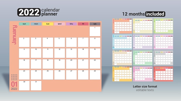 Vector planificador de calendario mensual colorido 2022 imprimible