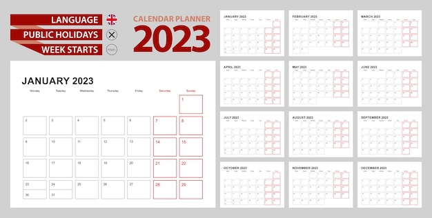 Planificador de calendario de pared 2023 en inglés la semana comienza el lunes