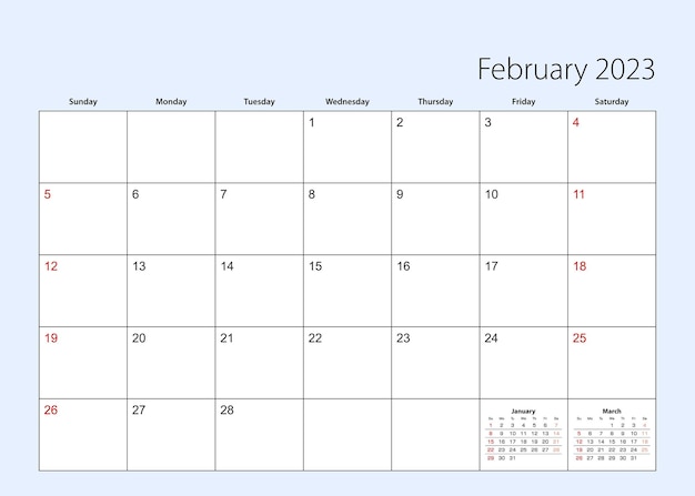 Planificador de calendario de pared para febrero de 2023 La semana en inglés comienza el domingo