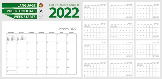 Planificador de calendario portugués para 2022. idioma portugués, la semana comienza en lunes.