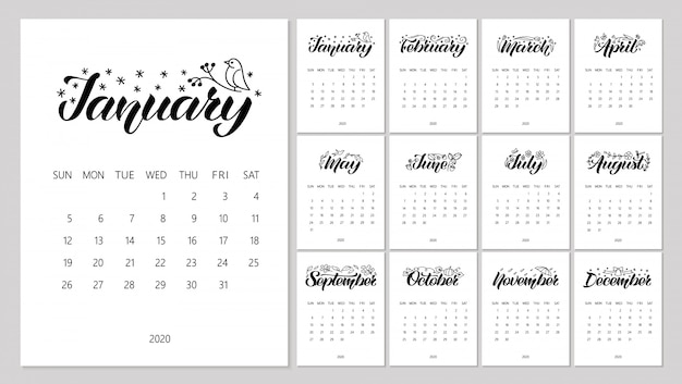 Planificador de calendario de vector con letras handdrawn y garabatos.