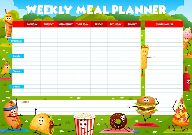 Planificador de comidas semanal dibujos animados personajes de comida rápida plan de alimentación de alimentos vectoriales Pizza de hamburguesa con queso y sándwich de hot dog en yoga fitness con taco en plan de dieta y horario de comidas semanales con lista de compras