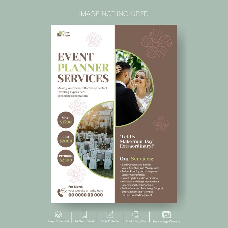 Vector planificador de eventos impreso vertical volante o plantilla de cartel diseño de volante o cartel de boda