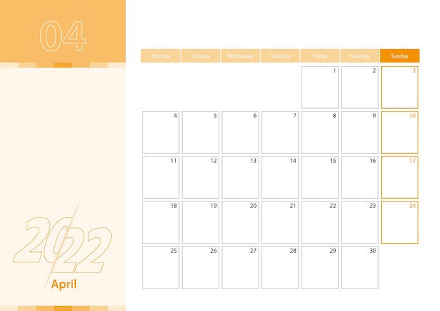 Planificador horizontal para abril de 2022 en el esquema de color naranja. la semana comienza el lunes. un calendario de pared de estilo minimalista.