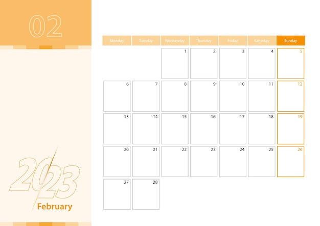 Planificador horizontal para febrero de 2023 en el esquema de color naranja la semana comienza el lunes un calendario de pared en un estilo minimalista