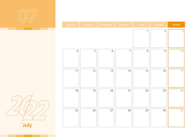 Vector planificador horizontal para julio de 2022 en el esquema de color naranja. la semana comienza el lunes. un calendario de pared de estilo minimalista.