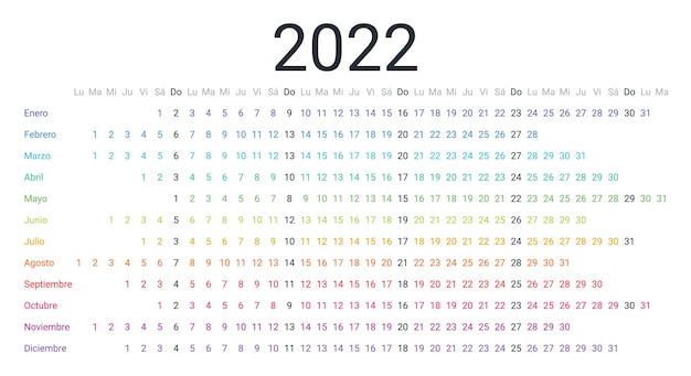 planificador horizontal lineal del calendario español 2022 para el año la semana comienza el lunes