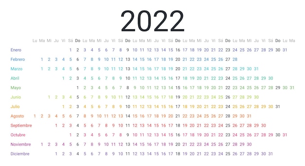 Planificador horizontal lineal del calendario español 2022 para el año la semana comienza el lunes