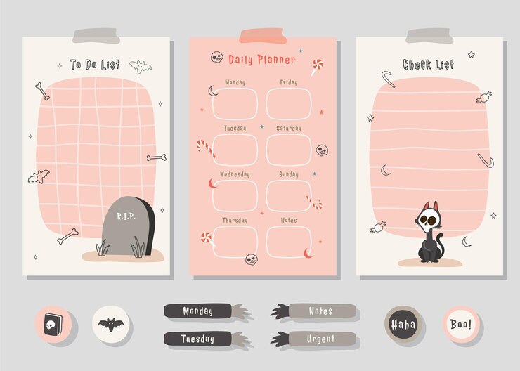 Planificador de lista de tareas con un lindo gráfico de tema de halloween de ilustración para llevar un diario y una pegatina