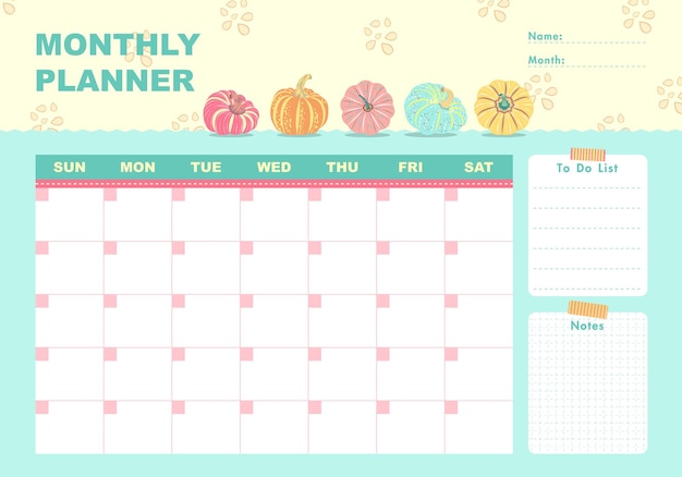Planificador mensual con calabazas plano estilo de dibujos animados_ plantilla de horario para impresión