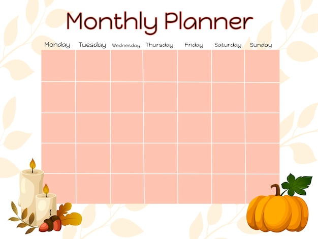Planificador mensual con ilustración de otoño. Plantilla de diseño de calendario de vector plano de dibujos animados.