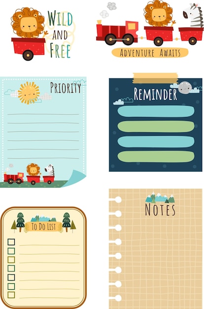 un planificador y notas con el tema del tren animal